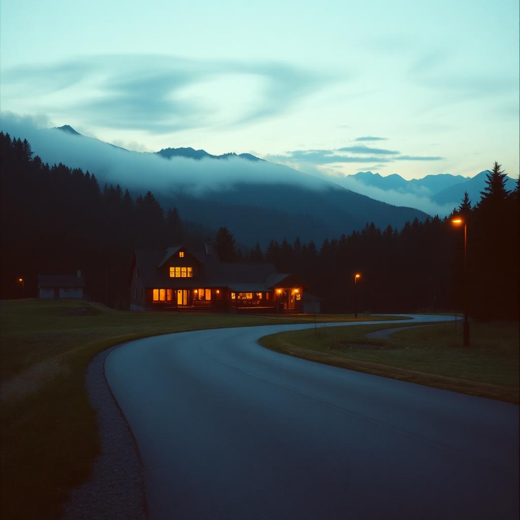 A country road curving toward a glowing inn beneath misty mountain ridges at dusk