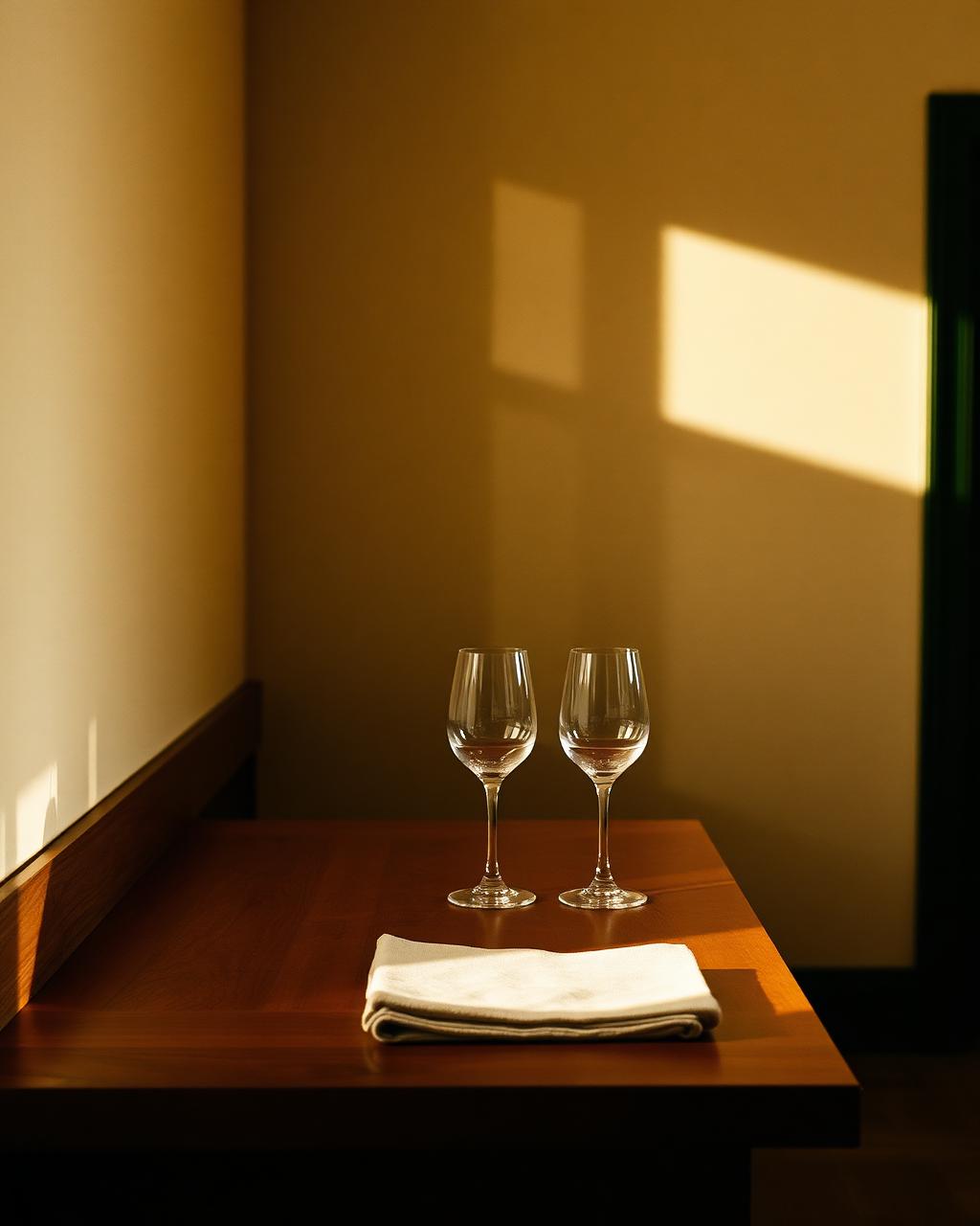 Two wine glasses and a folded linen cloth on a tasting room counter in warm afternoon light