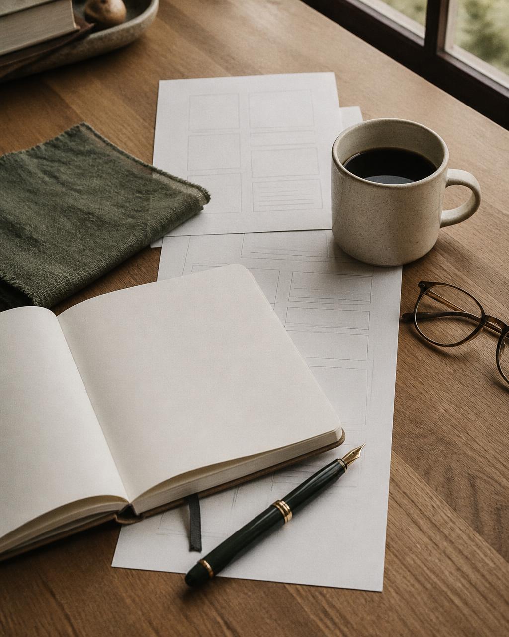 An open notebook, fountain pen, printed wireframe sheets and a cup of coffee on an oak desk