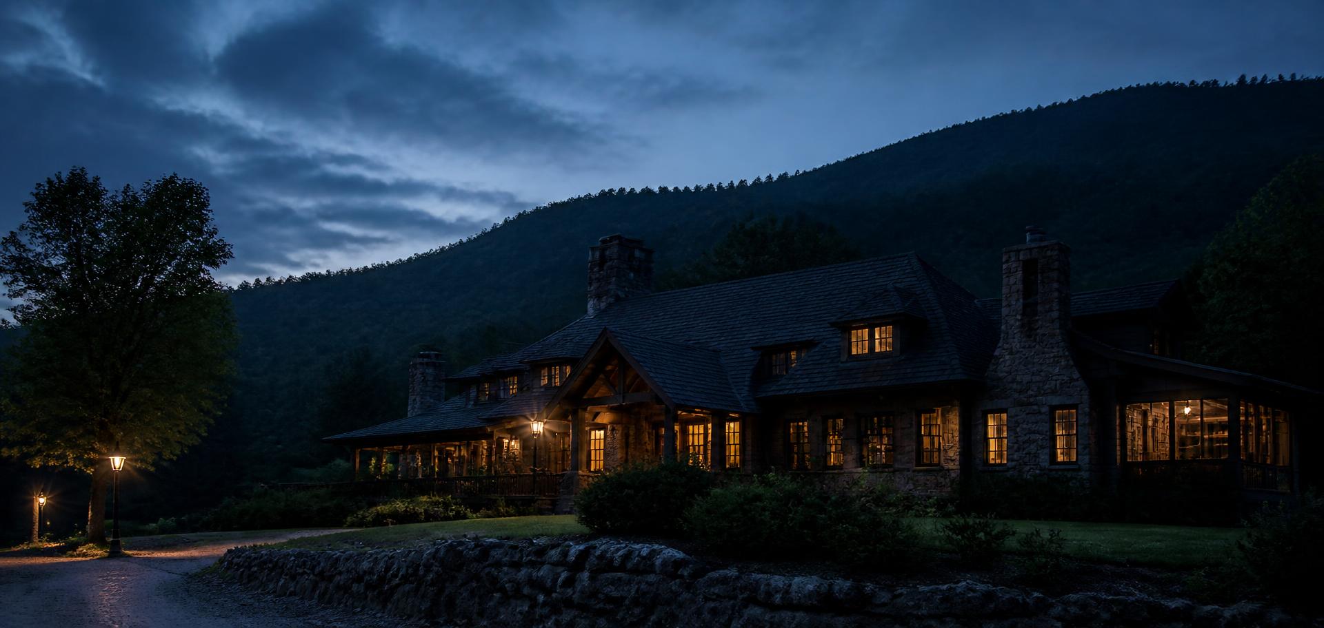 A stone and timber lodge with warm lit windows below wooded hills at dusk