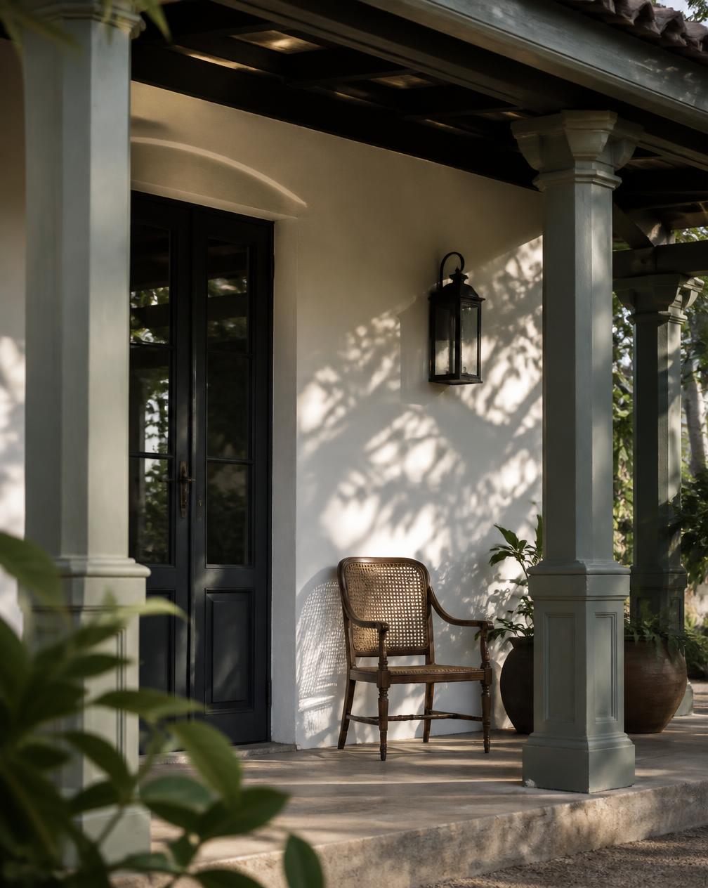 The shaded porch of a boutique inn with a cane chair and painted timber columns