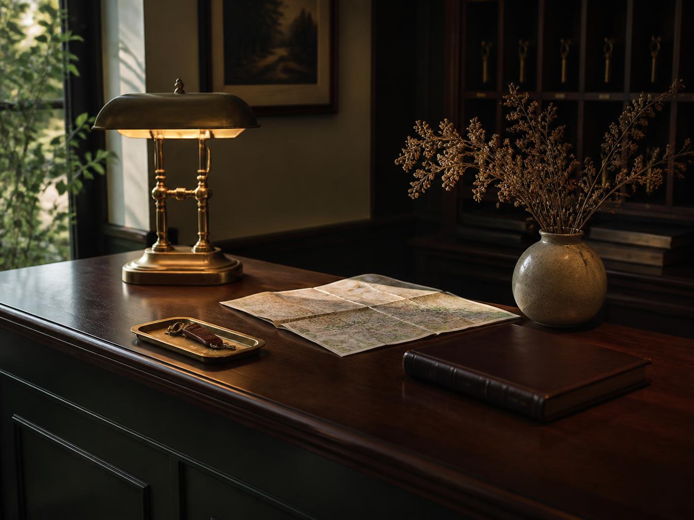 A hotel reception desk with a brass lamp, a folded map, a room key and dried branches in late light