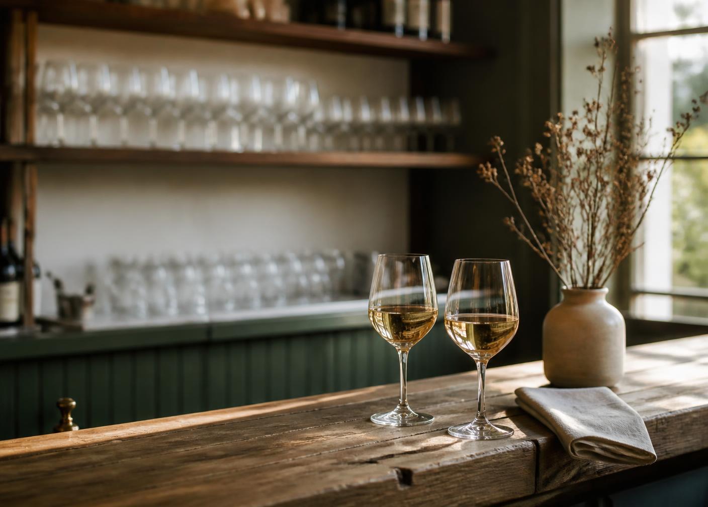 Two poured glasses of wine on a reclaimed oak bar counter with shelves of stemware behind