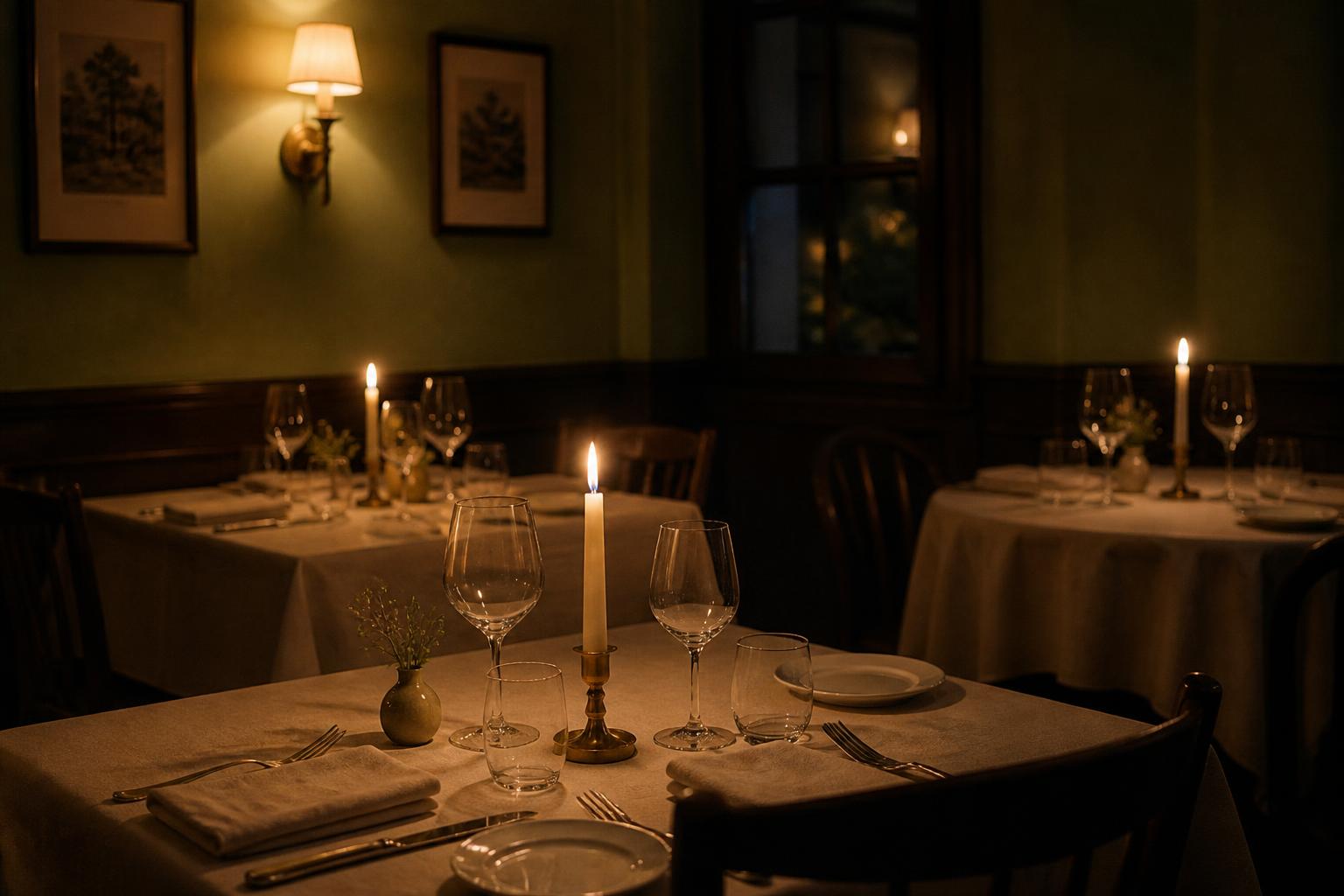 A candlelit table laid with glasses and linen in a small dining room in the evening