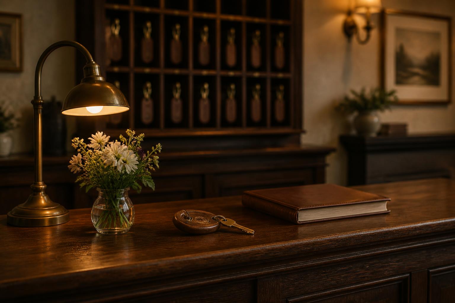 The quiet reception desk of a country inn with a brass lamp, a room key, flowers and a closed ledger