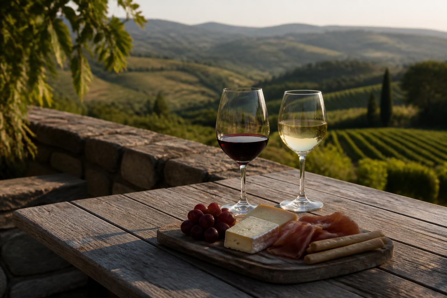 Two glasses of wine and a small food board on a wooden table on a terrace overlooking vineyard hills in late afternoon light