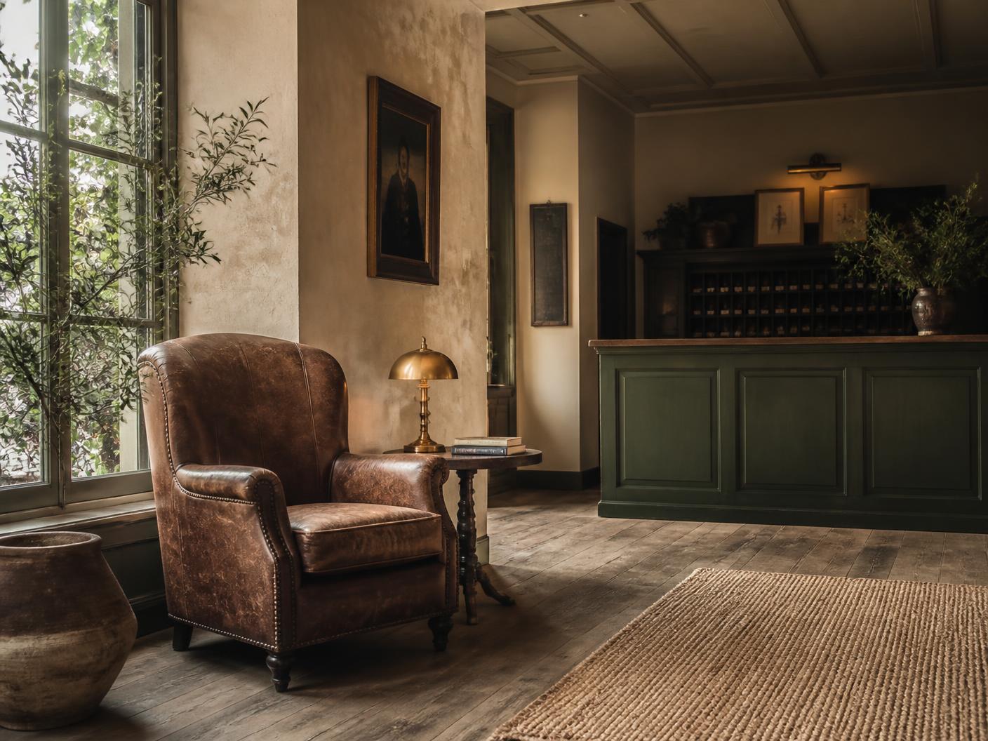 A boutique inn lobby with a worn leather armchair, brass lamp and a green panelled reception desk