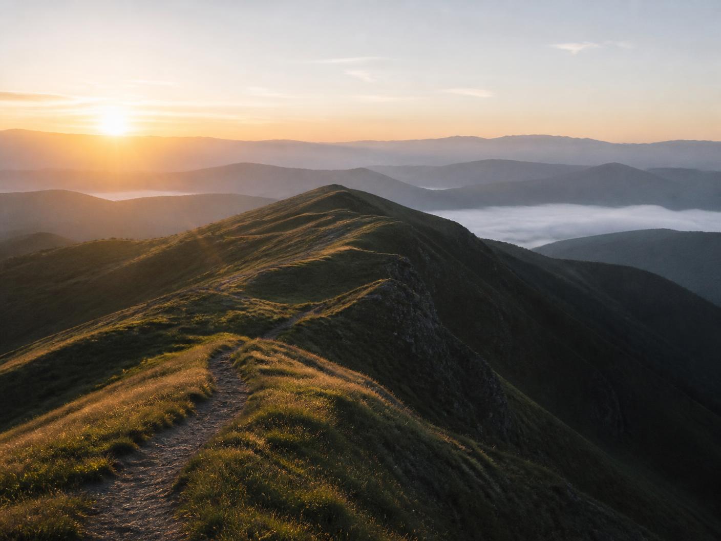 A narrow footpath along a grassy ridge above layered mountains and low mist at sunrise