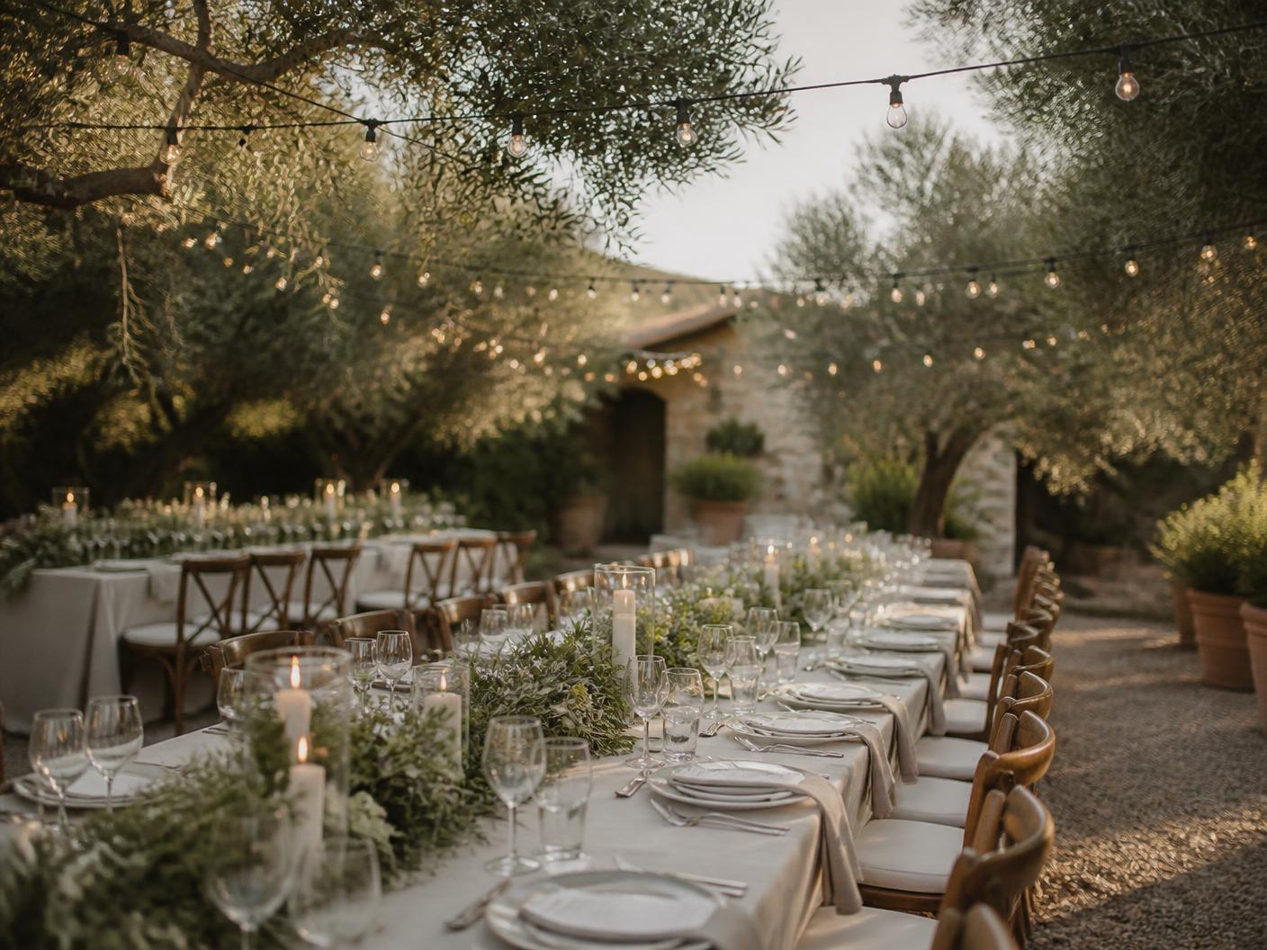 Long banquet tables set under string lights and olive trees for an outdoor reception