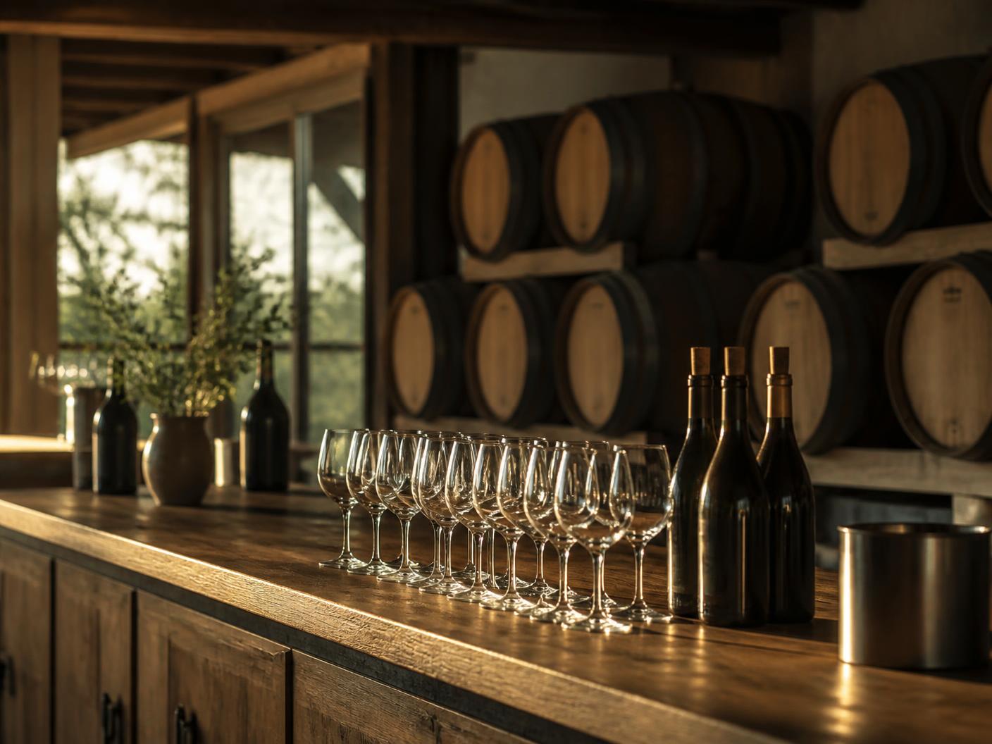 A winery tasting bar lined with clean glasses and bottles, oak barrels stacked behind in golden afternoon light