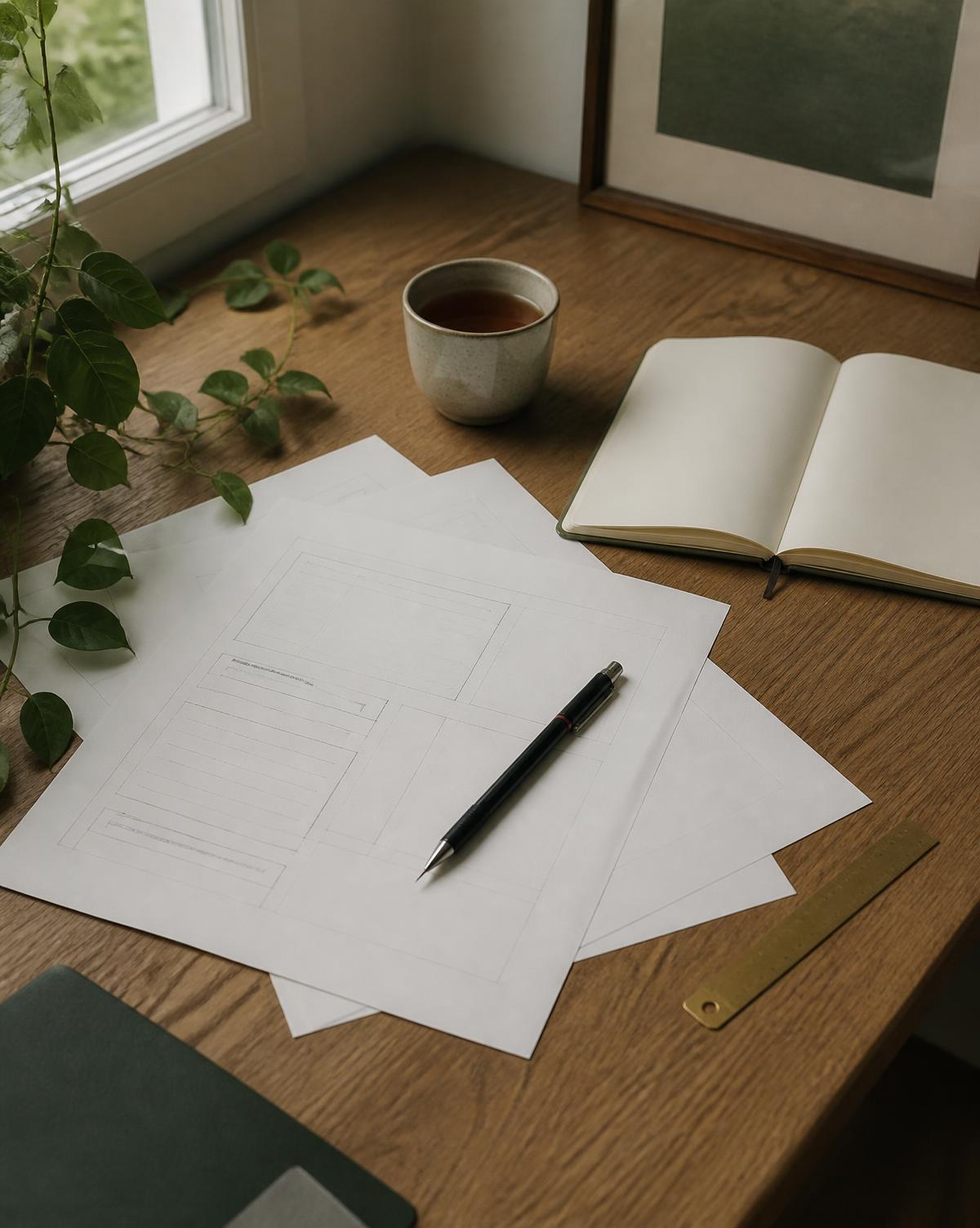 A planning desk by a window with wireframe layout sheets, an open notebook and a cup of tea