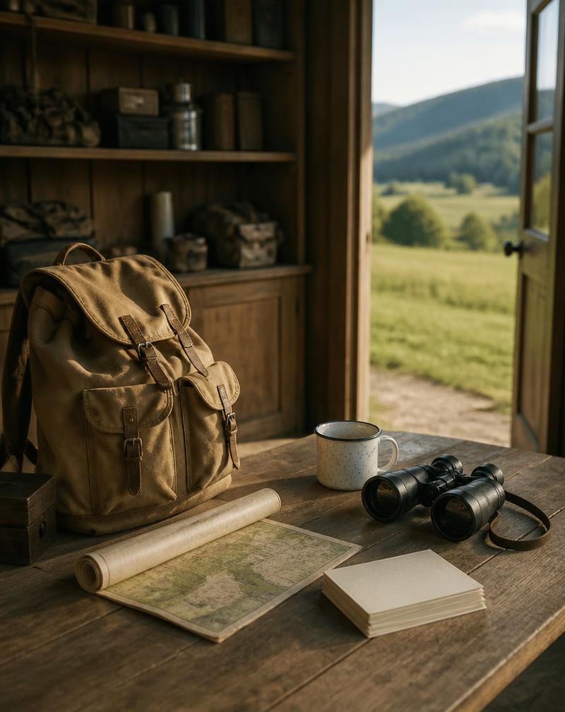 A canvas daypack, rolled map and binoculars on a wooden counter beside an open door onto green hills