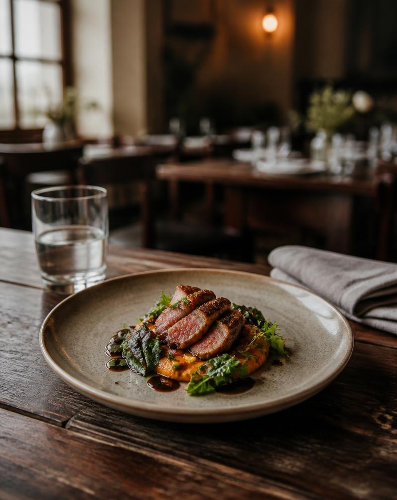 A seasonal plated dish on a ceramic plate on a worn wooden restaurant table