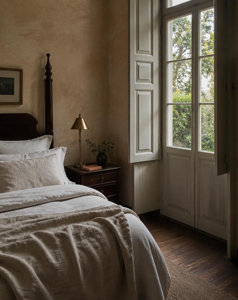A quiet inn bedroom with layered linen bedding beside tall shuttered windows