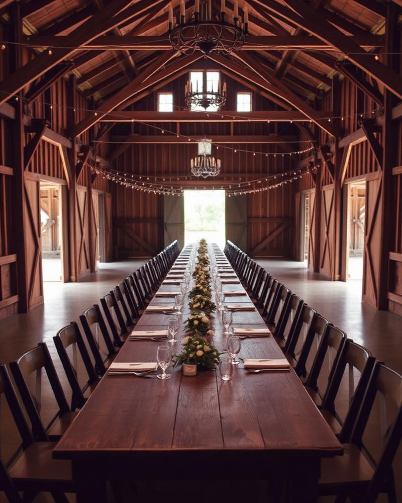 A long wooden banquet table set for a celebration inside a timber-framed venue