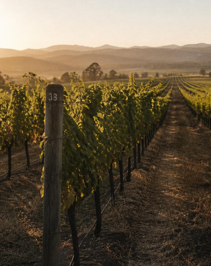 Rows of grapevines running toward low hills in golden evening light